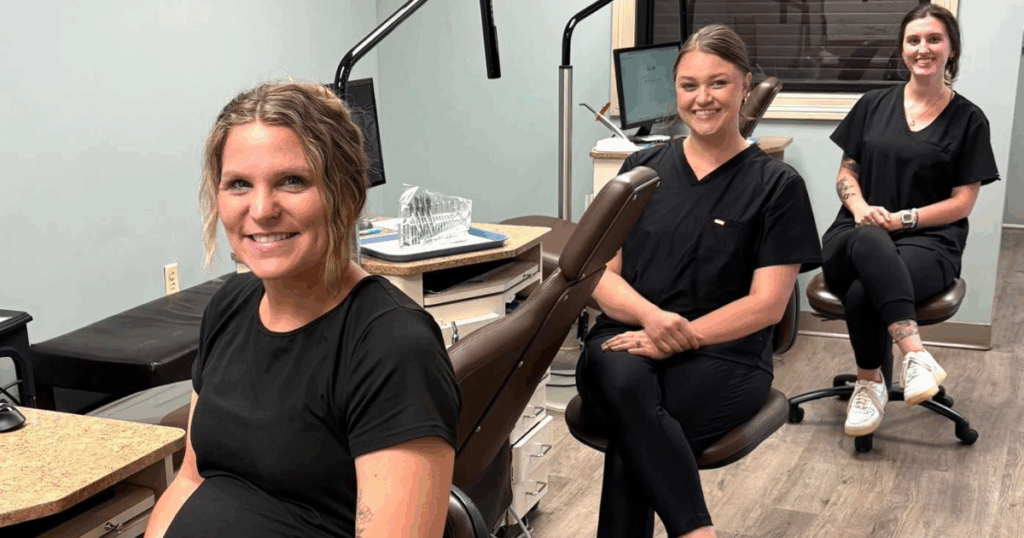 GO Orthodontics team in exam chairs, smiling, Braces and Invisalign, October is Orthodontic Health Month